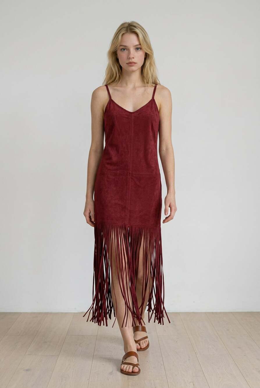 Chelsea & Violet Burgundy Faux Suede Fringe Slip Dress
